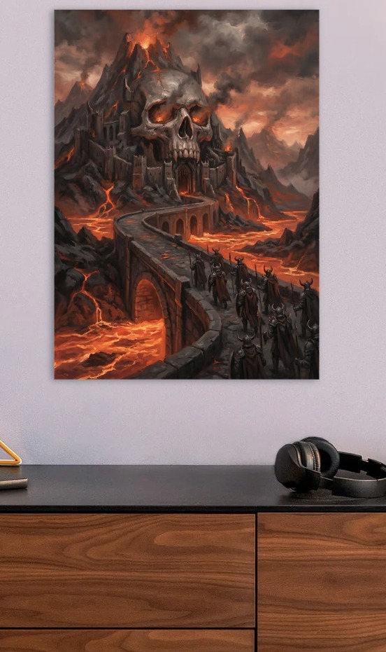 Skull Mountain Fortress and Lava River — metal poster wall art by Lineer